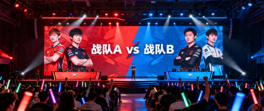 电竞赛事舞台大屏幕上显示的战队对战画面与观众区