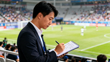 体育资讯编辑人员在赛事现场记录比赛信息
